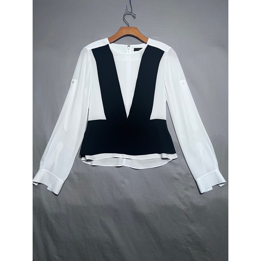 BCBGMAXAZRIA Black White Colorblock Peplum Blouse Long Sleeve XS
